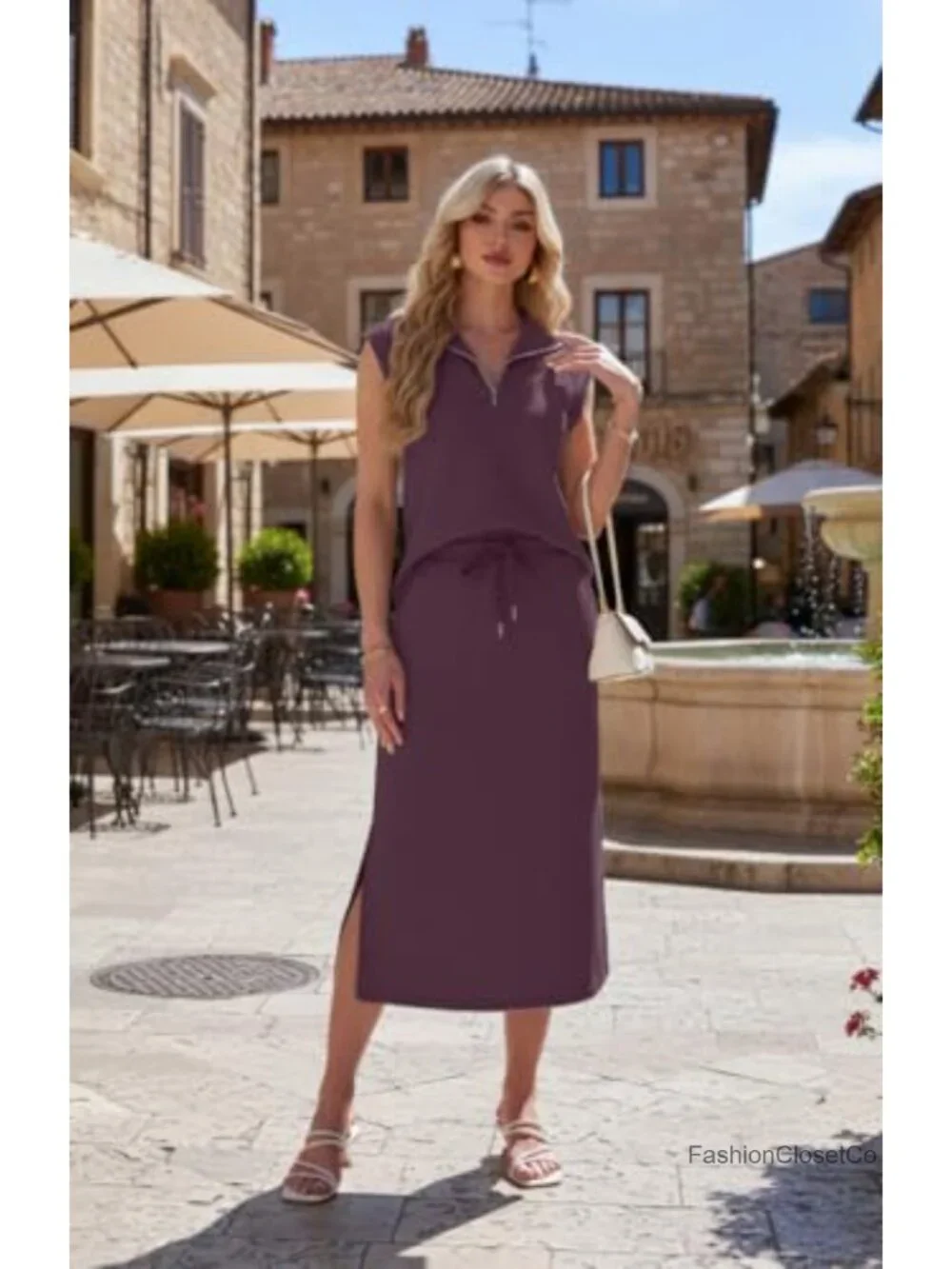 Two Piece Skirt Set | Half Zip Cap Sleeve Top | Maxi Skirt with Pockets | 4-Way
